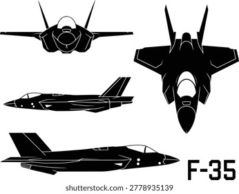 Set of F-35 Lightning II Fighter Jet Silhouettes in Multi-Angle Vector Views.