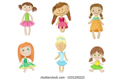 Set of fabric dolls in dresses. Vector illustration.