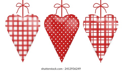 Set fabric hearts with bow. Hearts made of textiles. Hearts in a cell and a dot. For web design, fabric, textiles, gift paper, wrappers, packaging, etc.
