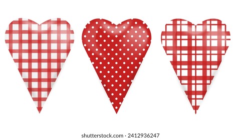 Establece corazones de tela. Corazones hechos de textiles. Corazones en una celda y un punto. Para diseño web, tela, textiles, papel regalo, envolturas, empaque, etc.