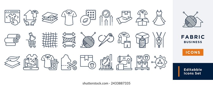 Set von Stoff Icons Pixel perfekt. Produkte, Industrie, Shop, Nähen, Nadel, Faden