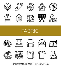 Set of fabric icons such as Shawl, Polo shirt, Safety pin, Beanie, Embroidery, Fabric, Apron, Curtain, Tailor, Carpet, Moisturizer, Armchair, Sewing, Swimming trunks , fabric