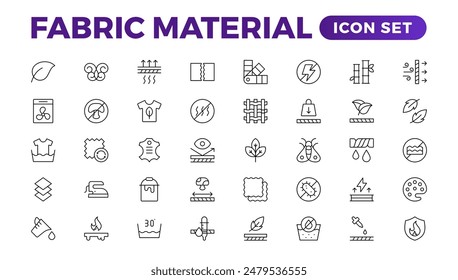Conjunto de iconos de línea de material de tela. Características de la tela, materiales, iconos web de negocios de la tela en estilo de la línea. Producto, industria, tienda, símbolo.