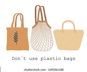 Set of fabric, mesh and wicker eco bag isolated on white background. Modern organic shopper, for trendy women. Vector illustration on flat cartoon style. 