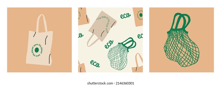 Set of fabric, mesh and wicker eco bag isolated on white background. Modern organic shopper, for trendy women. Vector illustration on flat cartoon style.