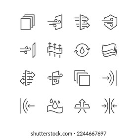 Set of fabric properties and related icons, stetching, windproof, breathable and linear variety vectors.