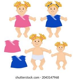 Juego de tela rag muñeca rosa suave con un vestido azul rosa desnuda en bragas con el pelo amarillo con arcos