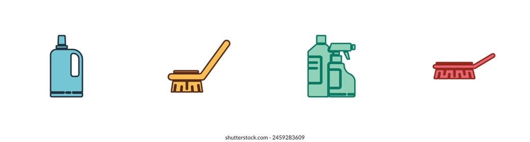 Set Fabric softener, Brush for cleaning, Bottles agent and  icon. Vector