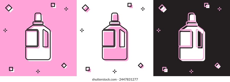 Set Fabric softener icon isolated on pink and white, black background. Liquid laundry detergent, conditioner, cleaning agent, bleach.  Vector Illustration