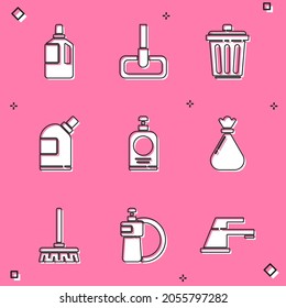 Set Fabric softener, Mop, Trash can, Bottles for cleaning agent, Hand sanitizer bottle, Garbage bag, Handle broom and Dishwashing liquid plate icon. Vector