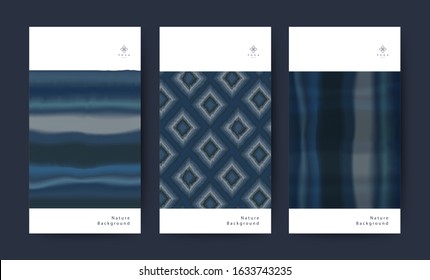 Set of Fabric Texture Indigo Nature Tie dye. Watercolor for Packaging Spa, Resort, Brochure, Poster. Clean and minimal Blue color. Vector illustration