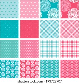 Conjunto de texturas de tela en colores rosa y azul - patrones sin fisuras para niñas y niños