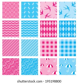 Set of fabric textures in pink and blue colors - seamless patterns for girls and boys. 