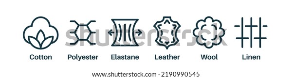 Set of fabric types or product materials\
like cotton, leather, wool, polyester, elastane. Outline icons.\
Synthetic and natural fibres. Cotton, polyester, wool and leather\
icons. Vector illustration
