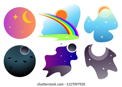 Set of fabulous backgrounds for games with differents elements,gradients: star,moon,sun,bat,flowers,rainbow. Cute fairy backgrounds for fantastic creatures. Modern flat cartoons vector illustration
