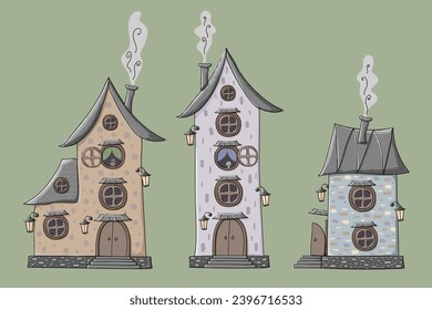 A set of fabulous cozy houses isolated on a green background.