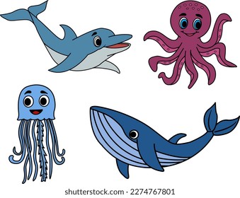 Set of Fabulous Cute Sea Animals. Vector Illustration Funny Cartoon Dolphin, Octopus, Whale, and Medusa
