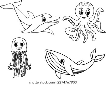 Set of Fabulous Cute Sea Animals for Coloring Pages. Vector Illustration Funny Cartoon Dolphin, Octopus, Whale, and Medusa
