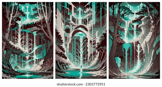 Set of fabulous deciduous forests with waterfalls. Vector stylized illustration. Forest landscape in blissful forests.