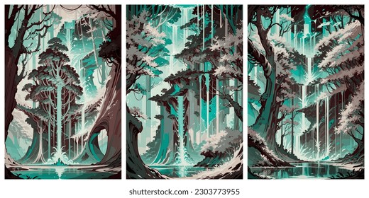 Set of fabulous deciduous forests with waterfalls. Vector stylized illustration. Forest landscape in blissful forests.