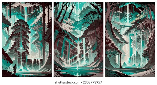 Set of fabulous deciduous forests with waterfalls. Vector stylized illustration. Forest landscape in blissful forests.