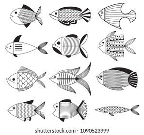 A set of fabulous decorative fish. Black silhouette on white background. Flat icons.