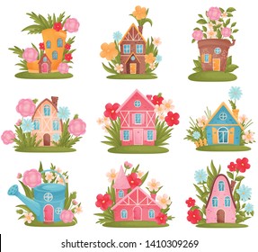 Set of fabulous houses among the flowers and grass. Vector illustration on white background.