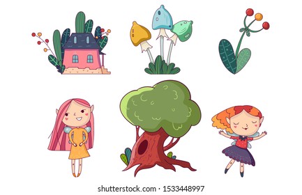 Set of fabulous items and girls. Vector illustration.