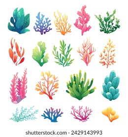 Set of fabulous sea corals and algae on white background. Cartoon vector illustration of sea flora in gradient