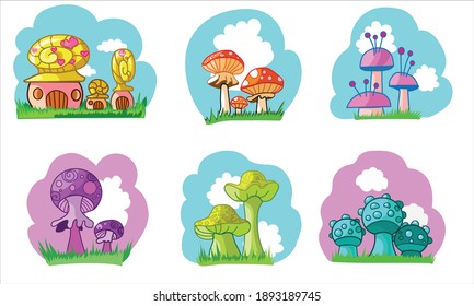 A set of fabulous stylized mushrooms. Mushroom houses. Design for coloring, poster, postcard, book, wallpape, sticker, album. Childrens illustration, Summer theme, sunny day