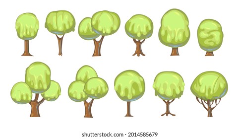 Set of fabulous sweet trees. For landscapes with green caramel, ice cream or jelly. Perspiration. Childrens fun illustration. Cartoon style. Vector.