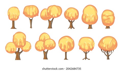 Set of fabulous sweet trees. For landscapes with orange caramel, ice cream or jelly. Perspiration. Childrens fun illustration. Cartoon style. Vector.