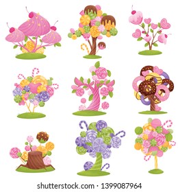 Set fabulous trees and bushes with chocolates, candies and donuts on the branches. Vector illustration on white background.