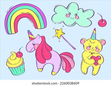 A set with a fabulous unicorn and a teddy bear with a rainbow horn. Cute cloud, rainbow and cupcake. Purple fantasy pony. Vector illustration in cartoon style. Children's illustration.