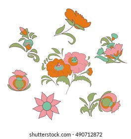 Set of fabulous vintage flowers in ethnic folk style for your design ideas embroidery, folkart pattern embroidery 