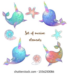 Set of fabulous whales unicorns. Vector.