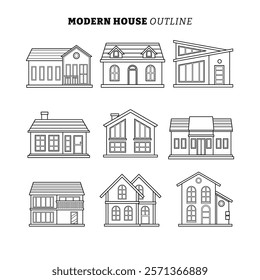 Set of Facade of a Modern House Design outline collection with line art style, Home Real Cottage Estate Apartment Construction Building, flat vector illustration.