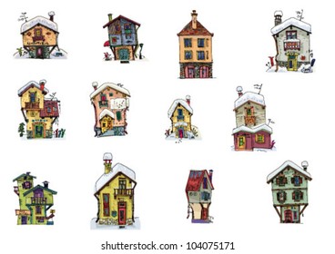 set of facades - alpine hotels - cartoon