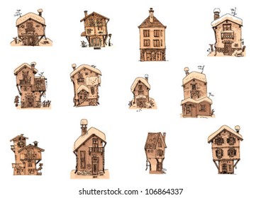 set of facades - alpine hotels - cartoon