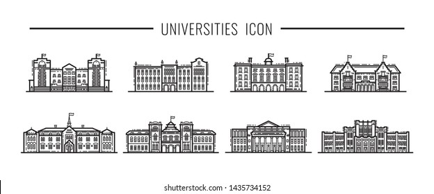 Set of facades of buildings of universities in the vector illustration in a Line art style. Outline building icon university