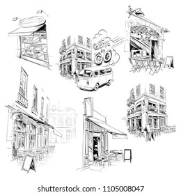 Set of facades of France buildings, shop,store,cafe, restaurant. Hand drawn French architecture. Vector illustration