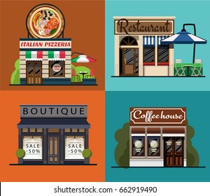 A set of facades of an Italian pizzeria, restaurant, boutique, cafe in a flat style. 