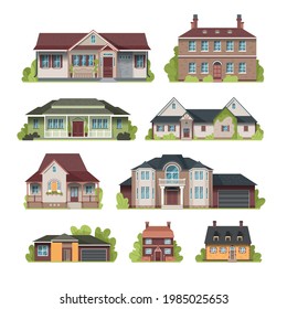 Set of facades of suburban country houses front view flat vector illustration