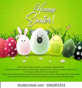 Set of face animals in eggs. Rabbit, koala, frog. Funny Animal characters. Happy Easter day