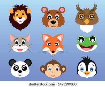 Set of face animals. icons. Lion, bear, owl, cat, fox, frog, panda, monkey, penguin - Vector