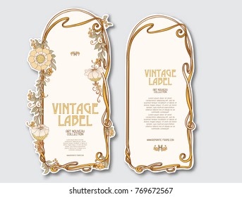 Set of face and back labels for products or cosmetics in art nouveau style, vintage, old, retro style.
 Stock vector illustration.