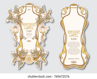 Set of face and back labels for products or cosmetics in art nouveau style, vintage, old, retro style.
 Stock vector illustration.