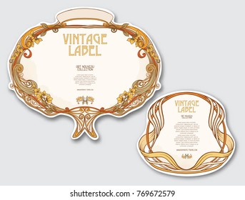 Set of face and back labels for products or cosmetics in art nouveau style, vintage, old, retro style.
 Stock vector illustration.