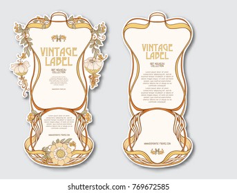 Set of face and back labels for products or cosmetics in art nouveau style, vintage, old, retro style.
 Stock vector illustration.