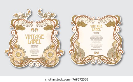 Set of face and back labels for products or cosmetics in art nouveau style, vintage, old, retro style.
 Stock vector illustration.